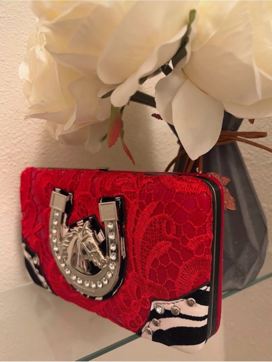 Alyssa Handbags - Red Horse & Horseshoe Embellished Women's Clutch Wallet